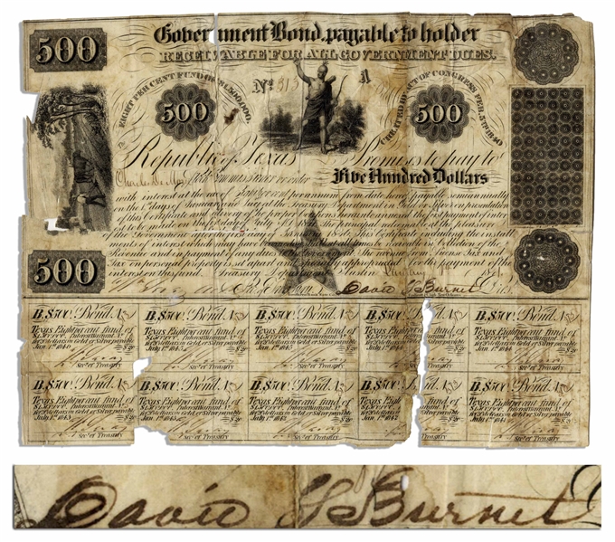 Republic of Texas Bond From 1841 Signed by David Burnet as Acting President